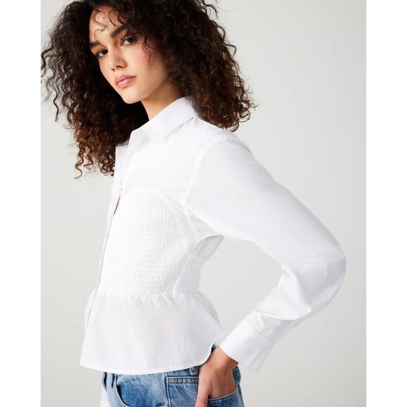 NWT Steve Madden Marisol Cotton Smocked Corset Detail Shirt in White Size Small - Picture 5 of 16